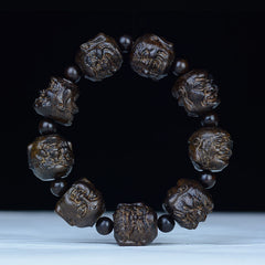Ebony Wood Eighteen Arhats Lotus Dragon Bracelet - Carved Arhat face beads with dark spacers, Spiritual Protection