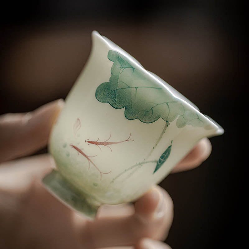 Koi Lotus Teacup – Top-down rim view with lotus leaf design, 65ml ceramic