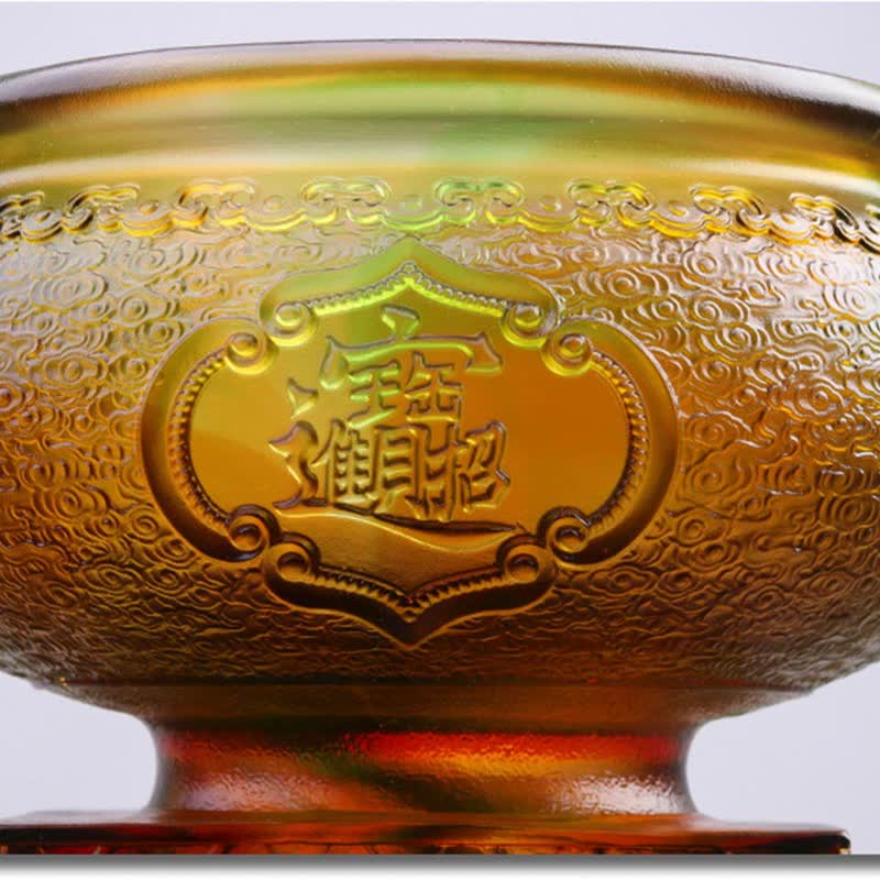 Liuli Crystal PiXiu Bowl – Close-up of carved prosperity symbol on amber liuli bowl surface