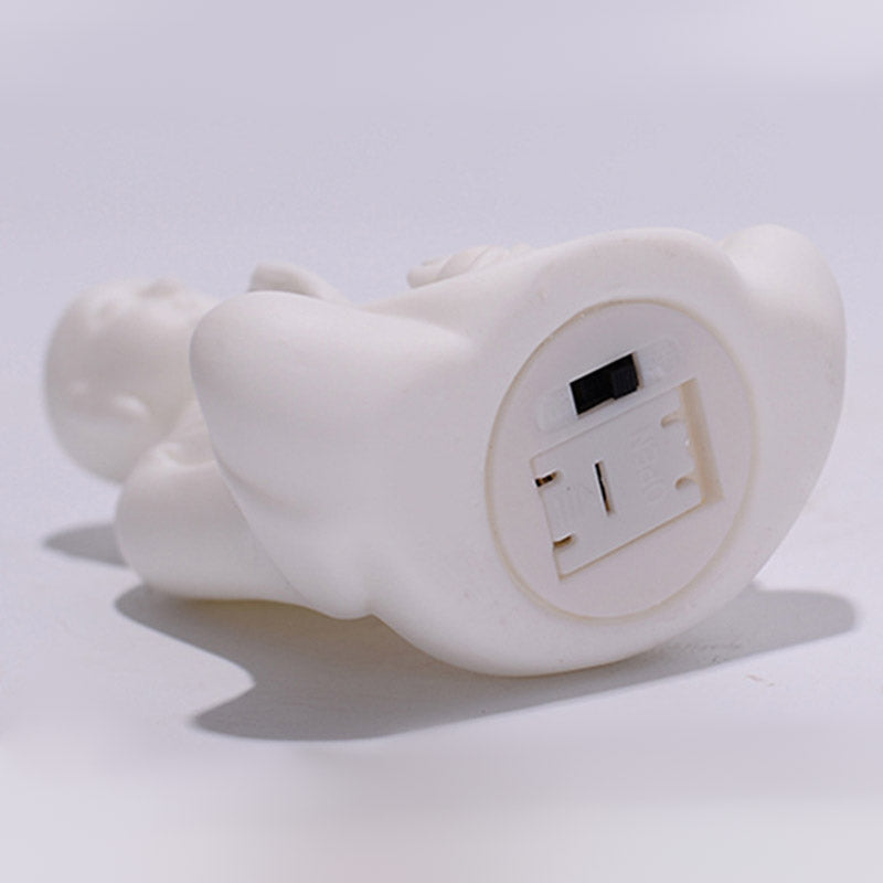 Ceramic LED Bodhisattva Decoration – statue base, battery switch, white background, detail, function