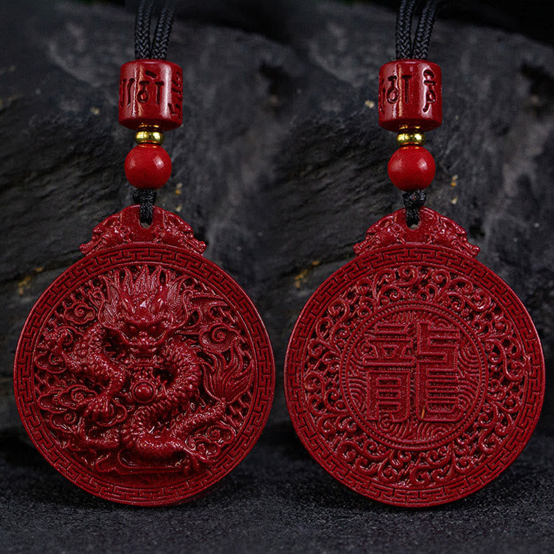 Cinnabar Dragon Pendant – Double-sided carved amulet with dragon relief and Long character calligraphy, Traditional