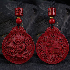 Cinnabar Dragon Pendant – Double-sided carved amulet with dragon relief and Long character calligraphy, Traditional