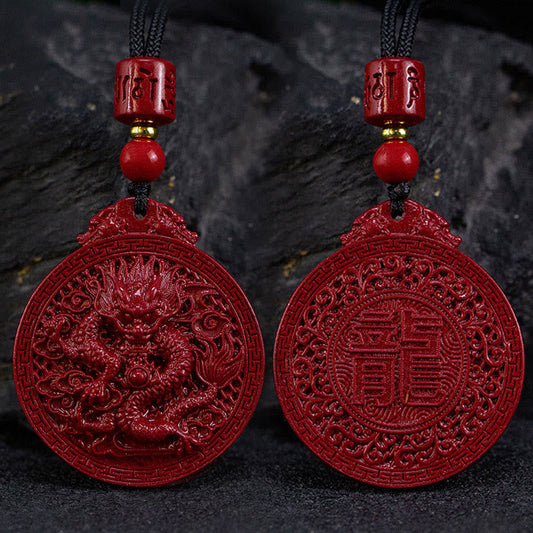 Cinnabar dragon pendant necklace front and back view, carved Chinese dragon medallion and Long character calligraphy with lucky coin patterns