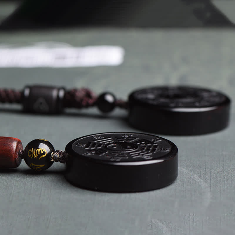 Black Obsidian Bagua Yin Yang Pendant - Black obsidian bagua necklace with wooden beads, feng shui amulet