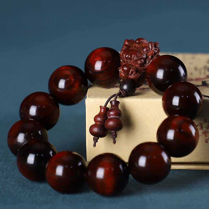 Multi-Wood Dragon Bracelet - Dark red polished beads with Pixiu guardian and gourd charms, Protection