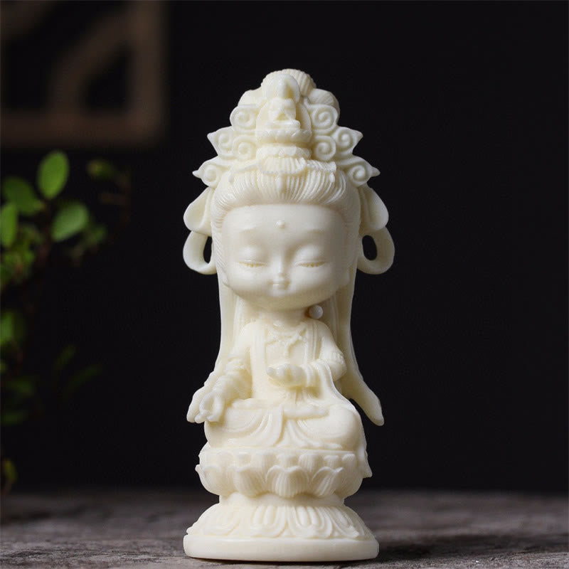 Kwan Yin Ivory Fruit Lotus Decoration - miniature ivory Avalokitesvara on lotus throne, matte finish, Peaceful