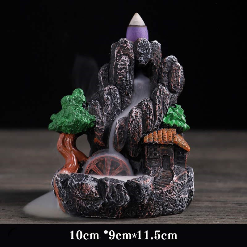 Resin Backflow Incense Burner – Mountain peak with waterwheel, house and smoke waterfall, 10x9x11.5cm, zen
