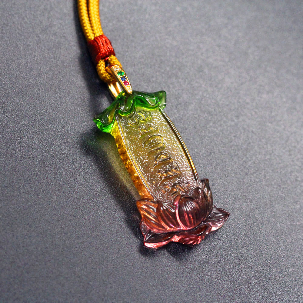 Buddha Liuli Lotus Necklace – blue liuli crystal pendant with lotus flower center, spiritual jewelry