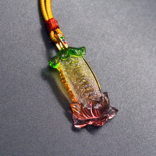 Buddha Liuli Lotus Necklace – blue liuli crystal pendant with lotus flower center, spiritual jewelry