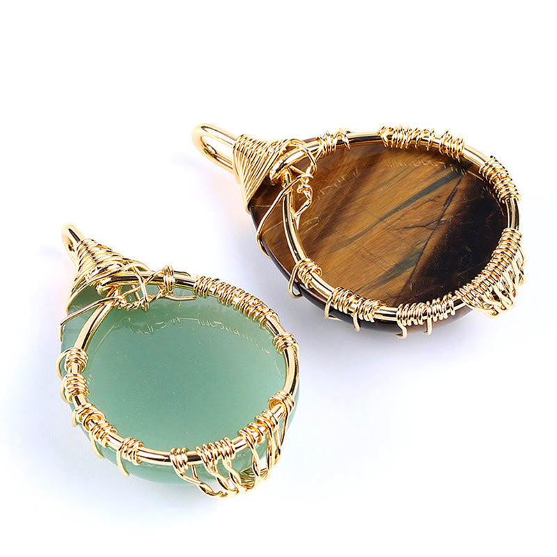 Quartz Crystal Tree of Life Necklace – aventurine and tiger eye pendants, gold wire, three-quarter, healing