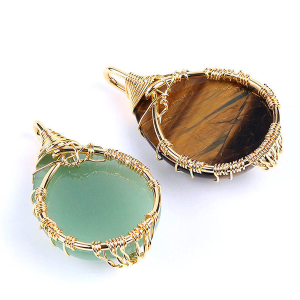 Quartz Crystal Tree of Life Necklace – aventurine and tiger eye pendants, gold wire, three-quarter, healing