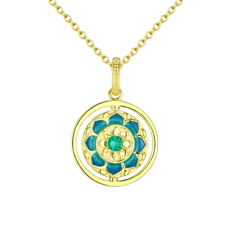 Silver Lotus Zircon Necklace – White background, green center stone, Symmetrical