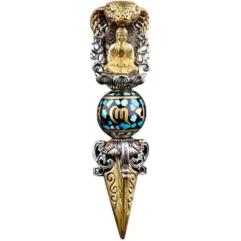 Tibetan Vajra Rotating Pendant – Gold and silver vajra phurba pendant with Buddha nimbus, turquoise bead and pointed blade on pure white background, frontal product shot