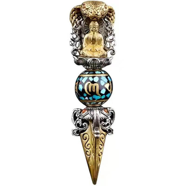 Tibetan Vajra Rotating Pendant – Gold and silver vajra phurba pendant with Buddha nimbus, turquoise bead and pointed blade on pure white background, frontal product shot
