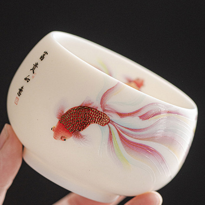 Koi Fish Porcelain Tea Cup - handle profile showing cup shape and rim detail, Kung Fu tea