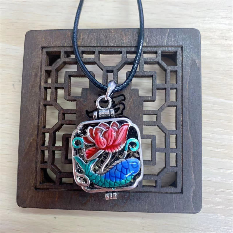 Koi Fish Lotus Ghau Prayer Box Necklace – cloisonne pendant on black cord with carved wooden lattice display stand