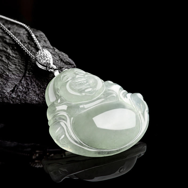 Laughing Buddha Necklace – close-up jade carving, abundance charm