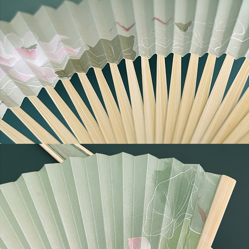 Lotus Koi Fish Folding Fan - close-up bamboo rib structure and painted surface detail, artisan