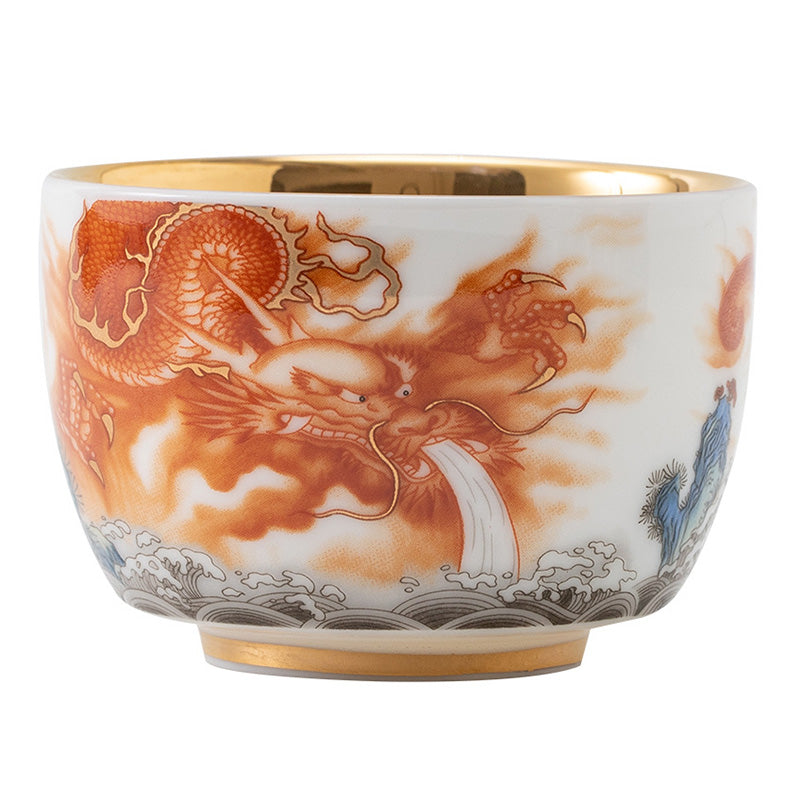 Dragon Phoenix Crane Gilt Ceramic Teacup – dimensions 8cm by 5.4cm 170ml, orange dragon artwork with gold interior, product spec