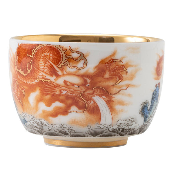 Dragon Phoenix Crane Gilt Ceramic Teacup – dimensions 8cm by 5.4cm 170ml, orange dragon artwork with gold interior, product spec