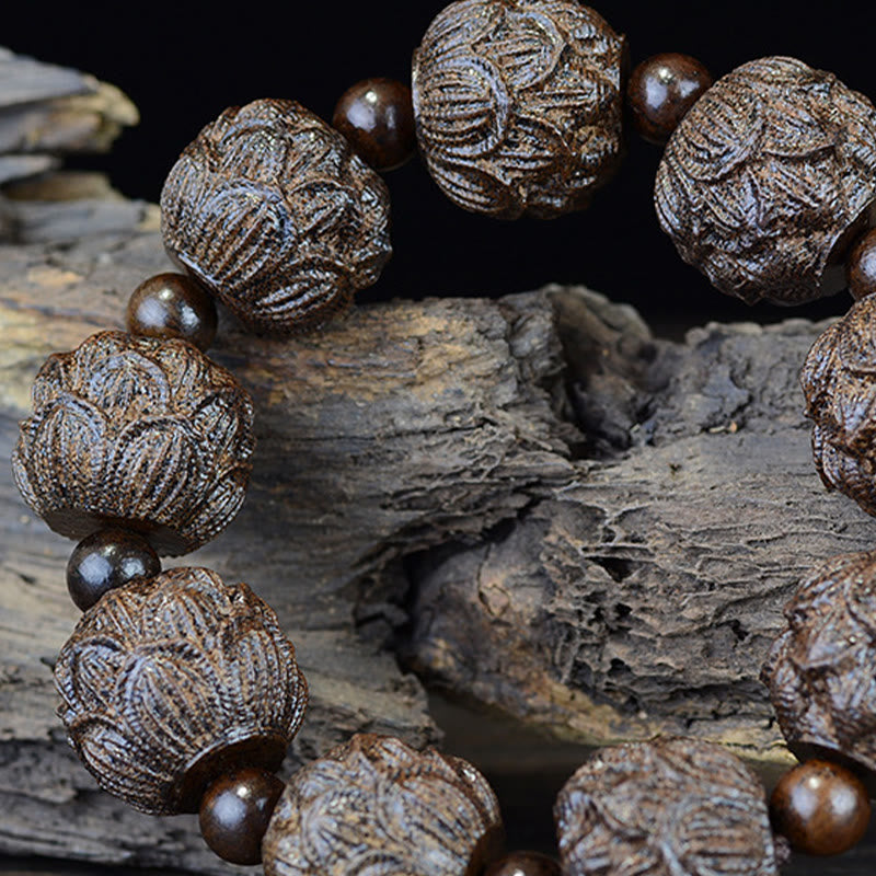 Ebony Wood Eighteen Arhats Lotus Dragon Bracelet - Alternating lotus beads on aged timber, Grounded Energy