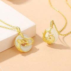 Dragon Phoenix Hetian Jade Peace Buckle Necklace – Phoenix(Luck♥Strength) – angled view highlighting craftsmanship with ja...