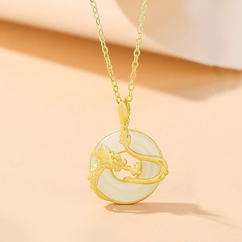 Dragon Phoenix Hetian Jade Peace Buckle Necklace – side profile view with jade, dragon, amulet necklace