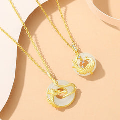 Dragon Phoenix Hetian Jade Peace Buckle Necklace – jade, dragon close-up detail of materials and engravings, amulet necklace