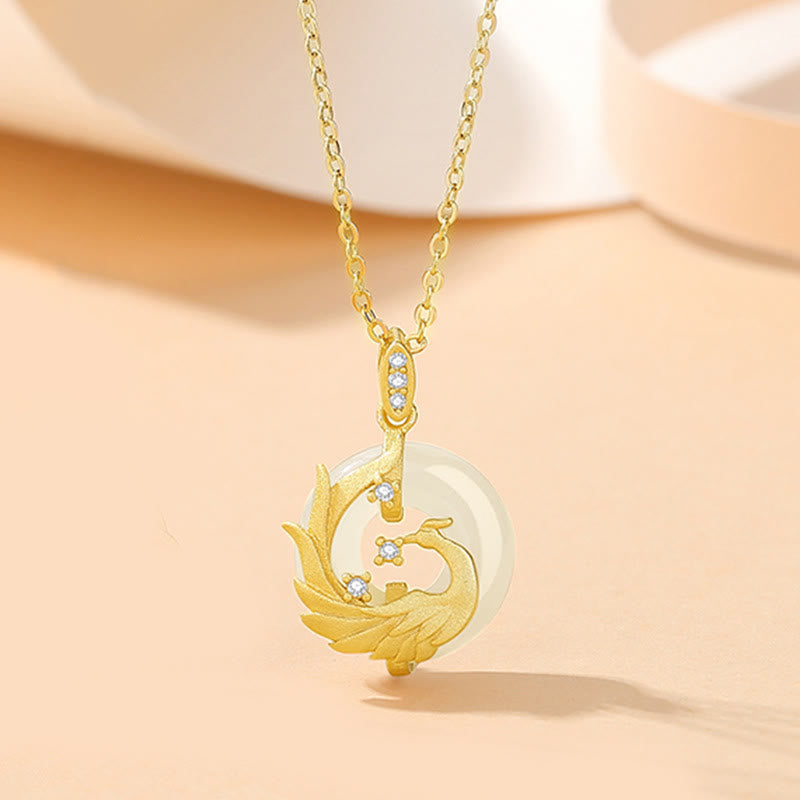 Dragon Phoenix Hetian Jade Peace Buckle Necklace – lifestyle shot on display stand with jade, dragon, amulet necklace