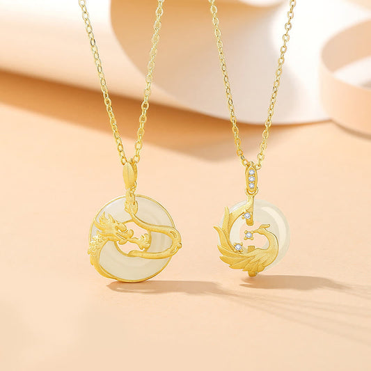 Dragon Phoenix Hetian Jade Peace Buckle Necklace – Dragon(Protection♥Success) – jade, dragon front view showing design det...