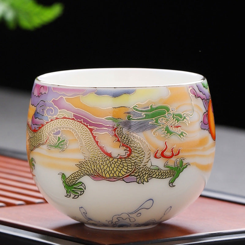 Dragon Phoenix Ceramic Teacup - Green-gold dragon winding through colored clouds, detailed