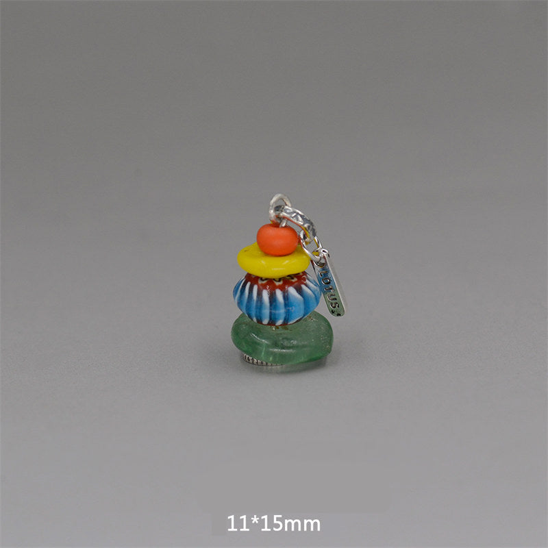 Zen Cairn Crystal Pendant – green blue yellow orange stacked glass bead charm, 11x15mm colorful pendant