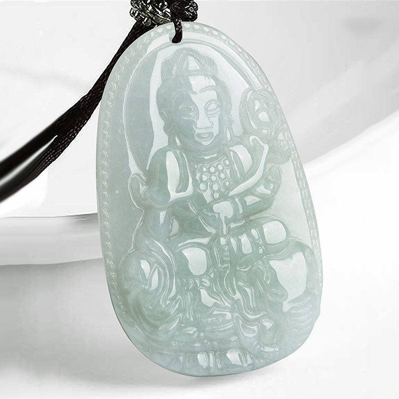 Zodiac Buddha Jade Necklace – front closeup of seated Buddha jade pendant, white studio background, protection amulet