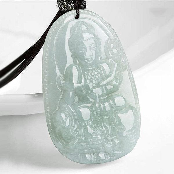 Zodiac Buddha Jade Necklace – front closeup of seated Buddha jade pendant, white studio background, protection amulet