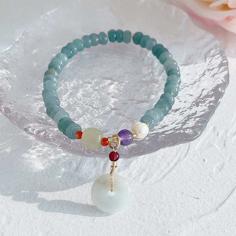 Hetian Jade Pearl Fu Gourd Money Bag Bracelet – Strawberry quartz PiXiu with blue jade beads on shell, love luck bracelet