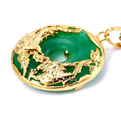 Cyan Jade Dragon Phoenix Necklace – Coiling gold dragon on jade bi disc pendant, Strength