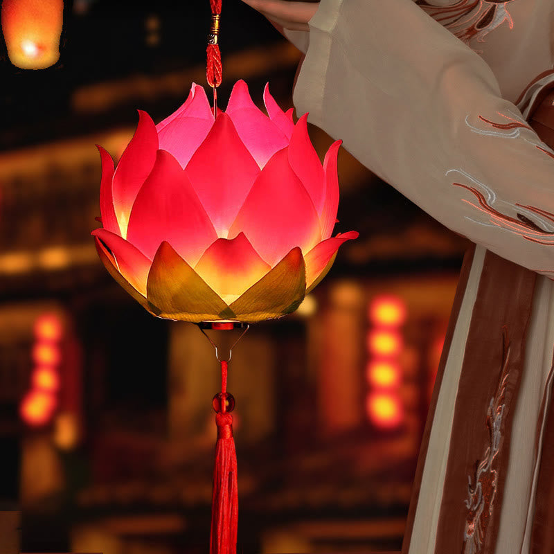DIY Lotus Dragon Lantern Tassel Lamp – Red lotus lantern with golden dragon handle in multi-angle panel, Ceremonial light