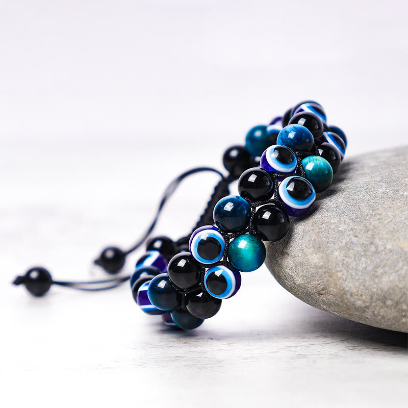 Evil Eye Hematite Tiger Eye Bracelet – clustered grape-bunch design with black teal and nazar beads on stone