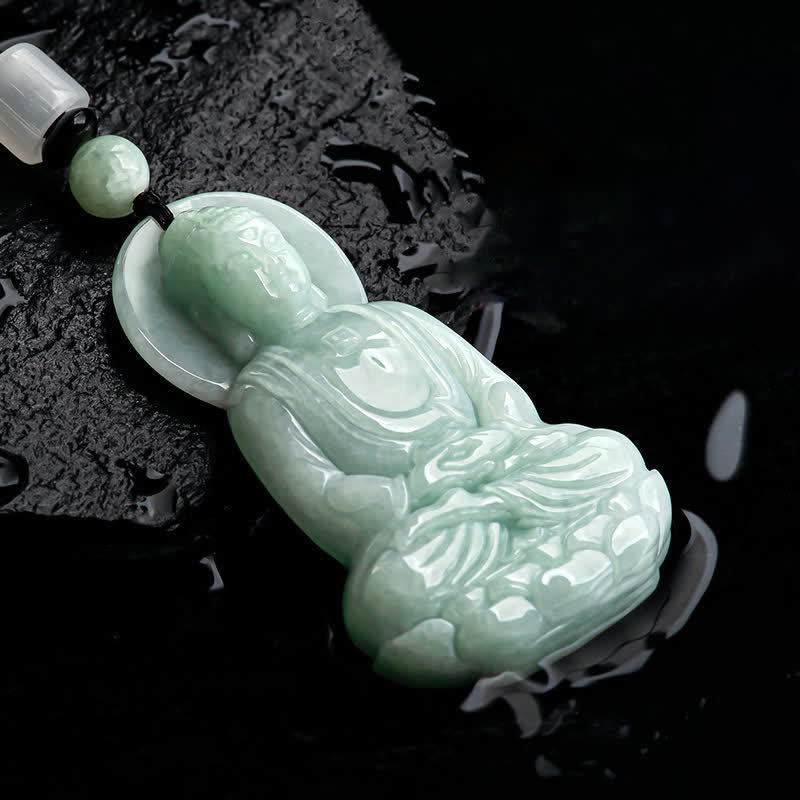 Amitabha Buddha Jade String Necklace - Guanyin variant pendant on wet stone with water drops