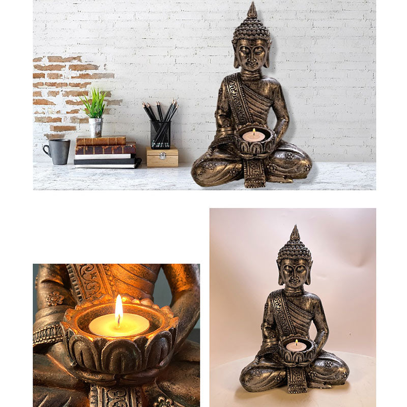 Tibetan Buddha Candlestick - Collage of Buddha on desk, candle close-up and statue detail views