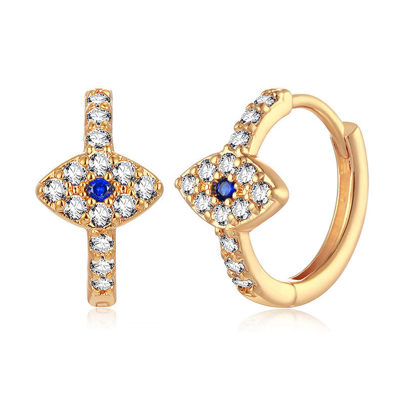 Evil Eye Stud Earrings – Gold huggie hoops with blue sapphire center, crystal pave setting