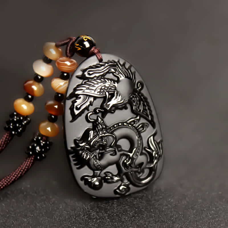 Black Obsidian Tiger Eye Dragon Phoenix Necklace – dragon-phoenix relief on black stone with amber beads, auspicious