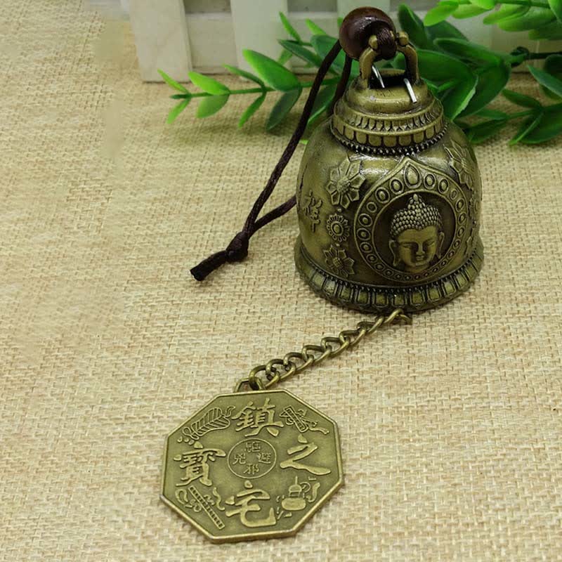 Feng Shui Wind Chime Bell - Buddha bell with home protection bagua pendant and Chinese inscriptions, zen