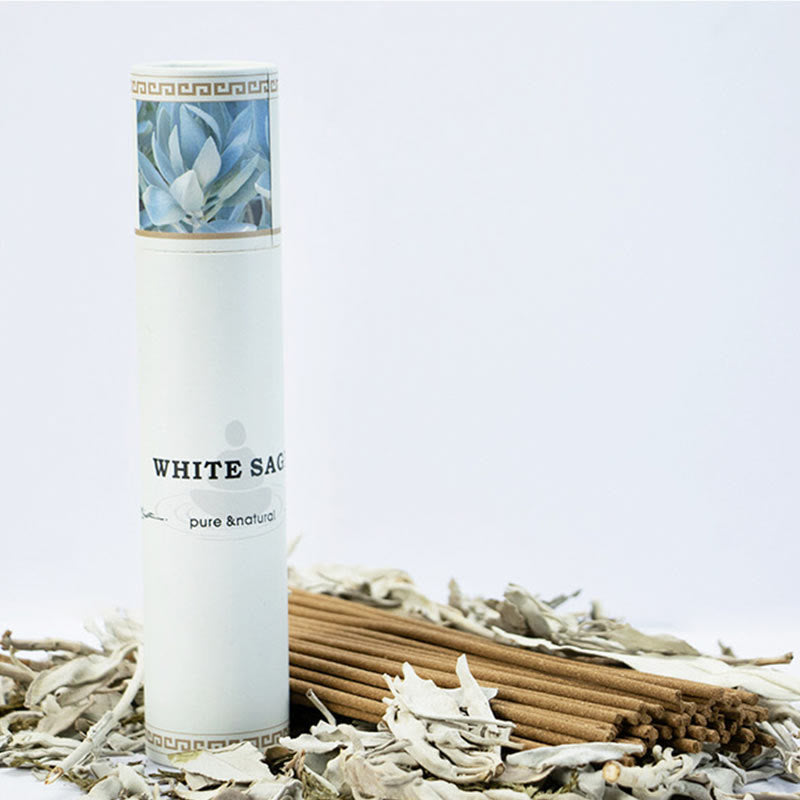 White Sage Incense Sticks - angled tube resting on sage leaves, relaxing