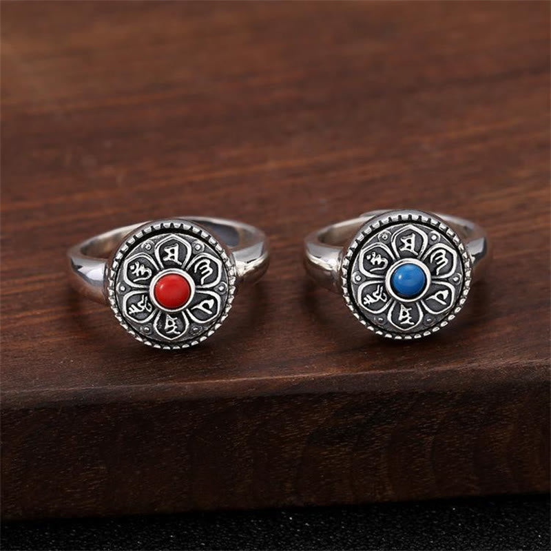 Tibetan Om Mani Padme Hum Ring – Red and blue pair on carved wood, Tibetan ring