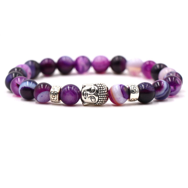 Purple Agate Tiger Eye Buddha Bracelet – purple agate, silver Buddha head front view – front, protection