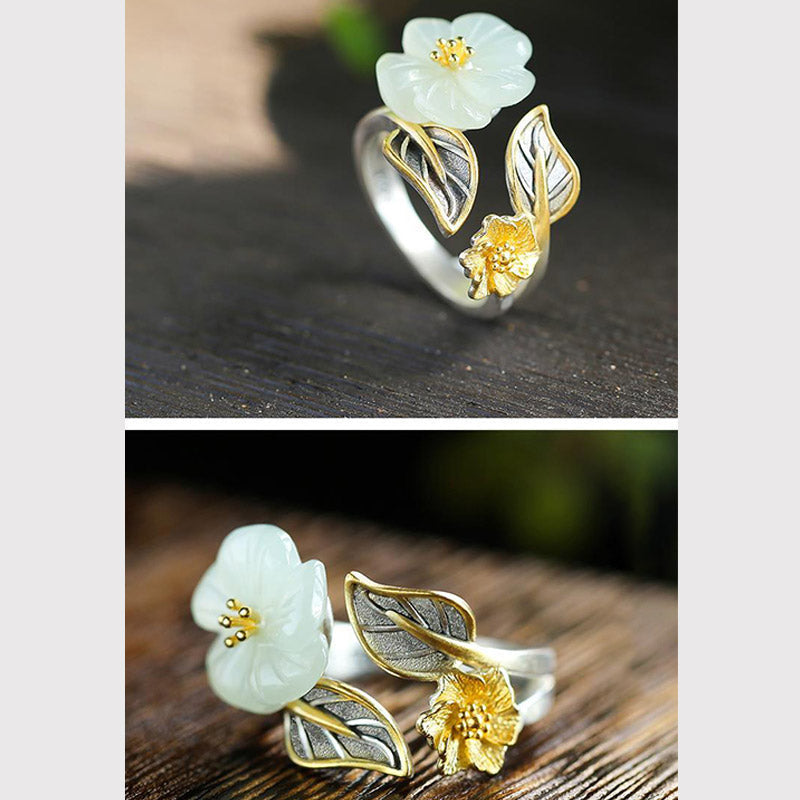 White Jade Plum Blossom Silver Ring - Two-angle view showing jade flower ring with mixed metal silver-gold construction and carved stone bloom