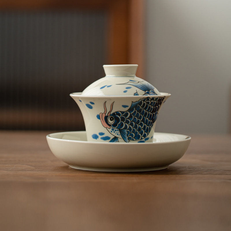 Koi Sancai Teacup – tea pouring from gaiwan into fairness cup, tea ceremony
