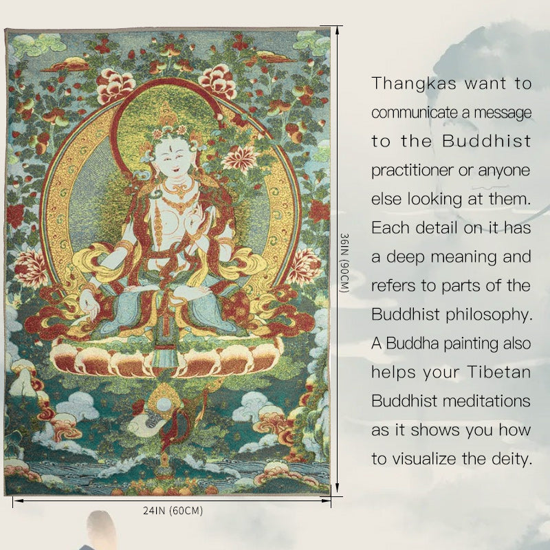 Tibetan Embroidery White Tara Thangka Tapestry – front view, lotus base waves, 36x24in, sacred textile