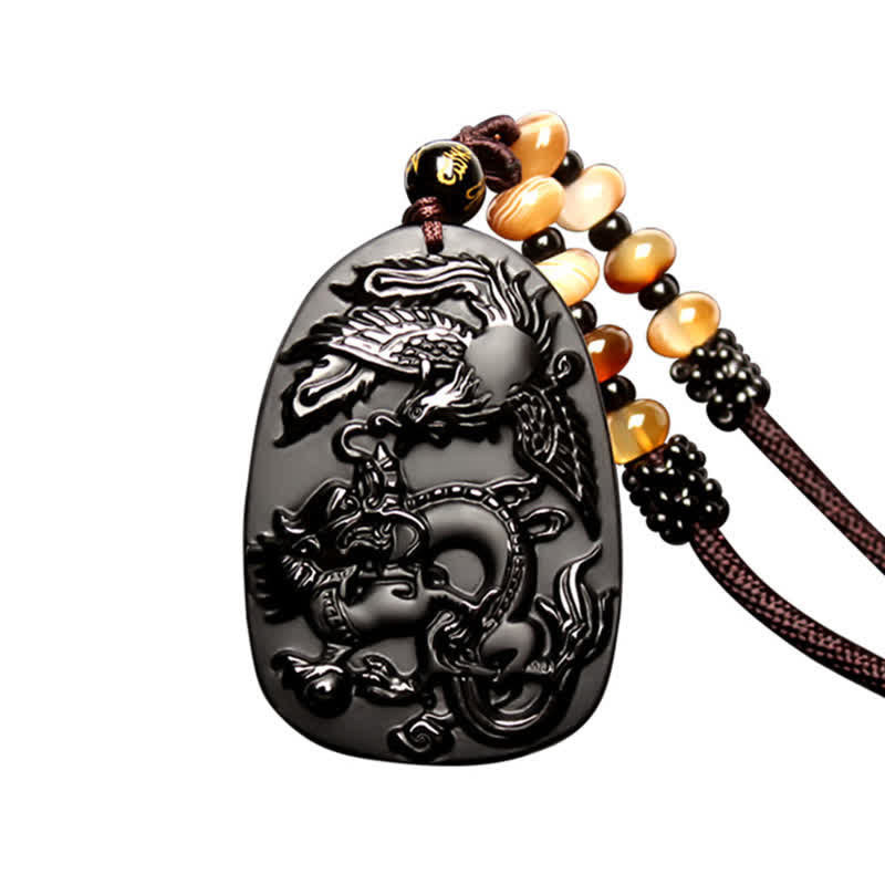 Black Obsidian Tiger Eye Dragon Phoenix Necklace – dragon-phoenix carved obsidian with gold-character bead, auspicious